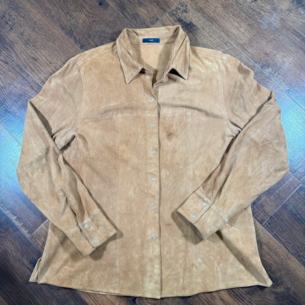 GAP Vintage Tan Genuine Suede Leather Snap Front Western Shirt Jacket Camel L